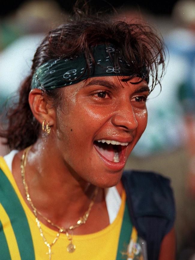 Australia's first Olympic Indigenous gold medallist Nova Peris celebrates winning the hockey grand final match at the Atlanta Olympics in 1996. Picture: Brett Faulkner