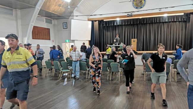 People leave the Goondicum mine creditors meeting in Monto on September 17. Picture: Alex Treacy