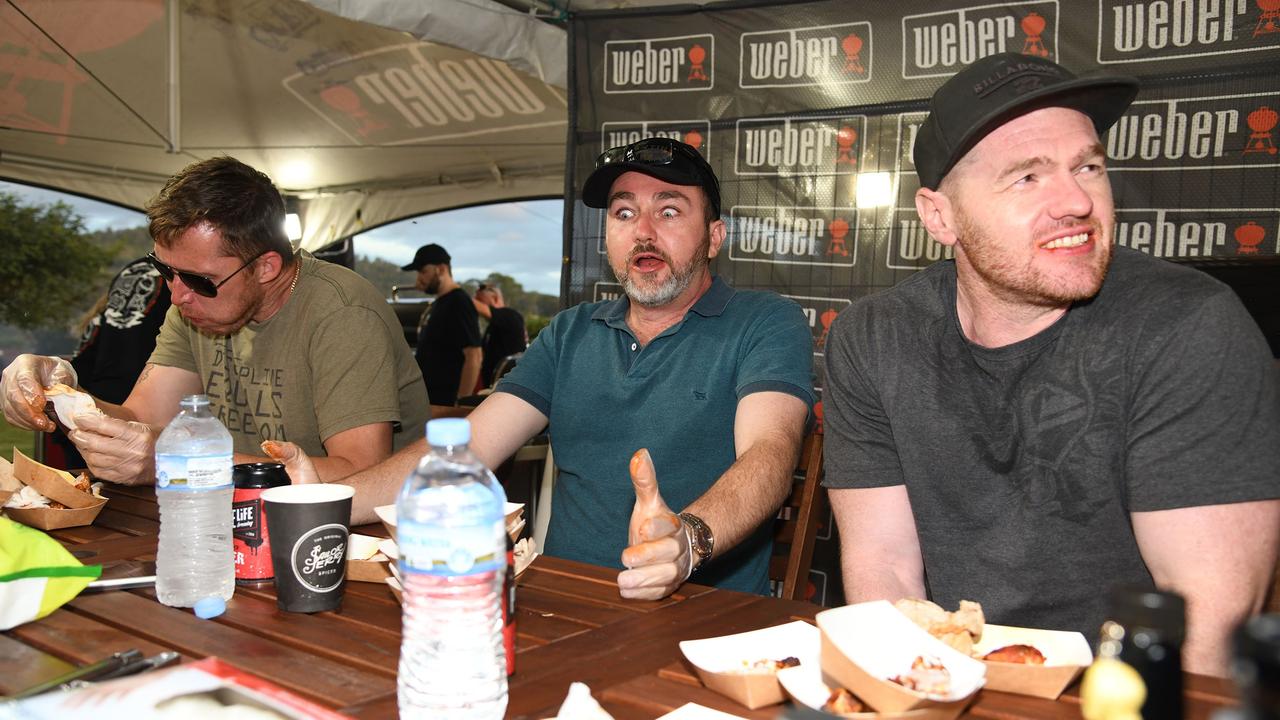 Adam Hamilton, Matt Diesel and Madison Rodier take part in the Weber Chilli tasting competition. Meatstock Festival at the Toowoomba showgrounds. April 2022