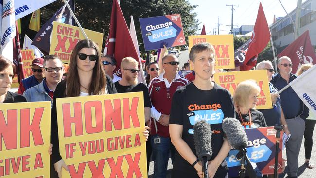 ACTU secretary Sally McManus talks with XXXX workers during a recent stop work over job security issues. Picture: Lachie Millard