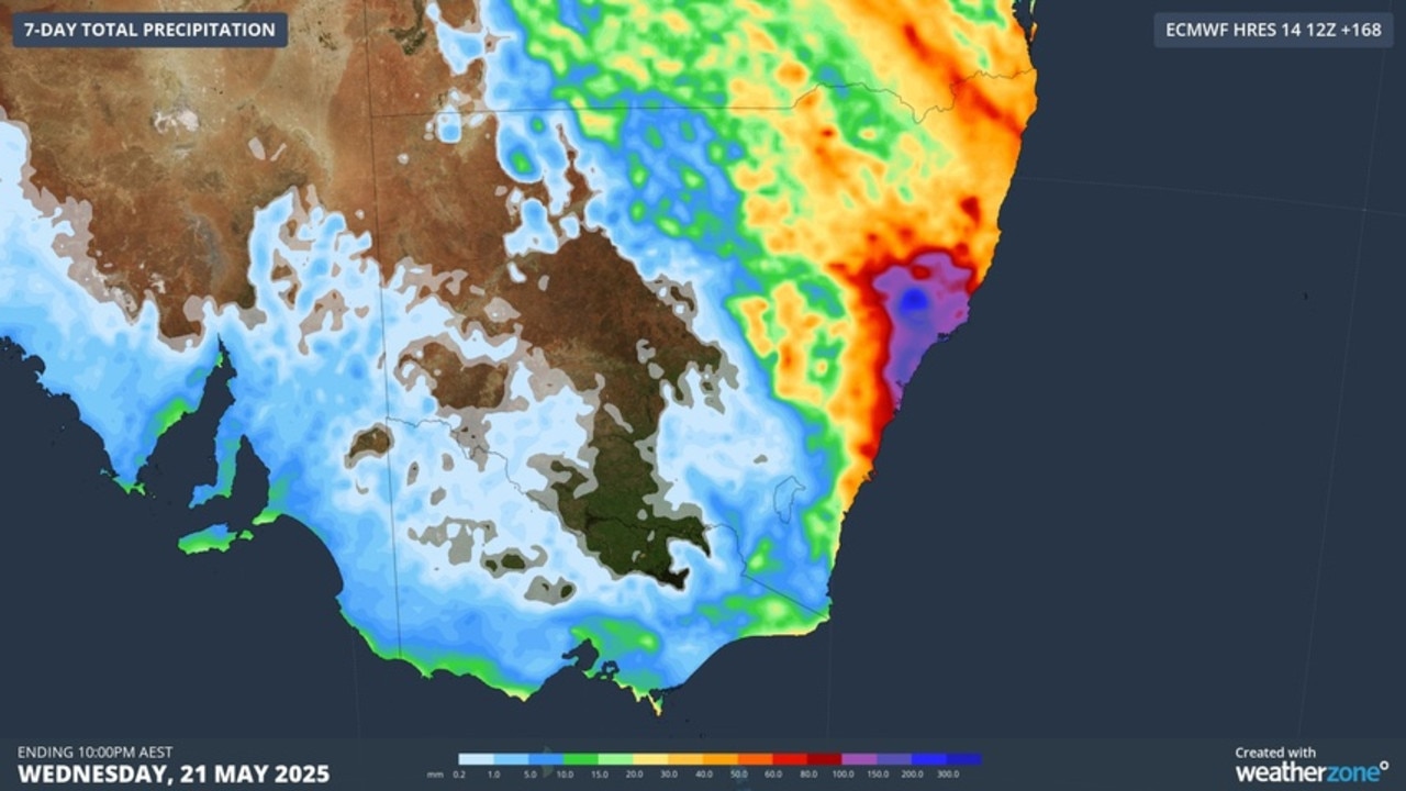 Heavy rain is forecast to hit the east coast of NSW over the weekend, while snow is forecast to fall in the southern alpine region of Australia. Picture: Weatherzone