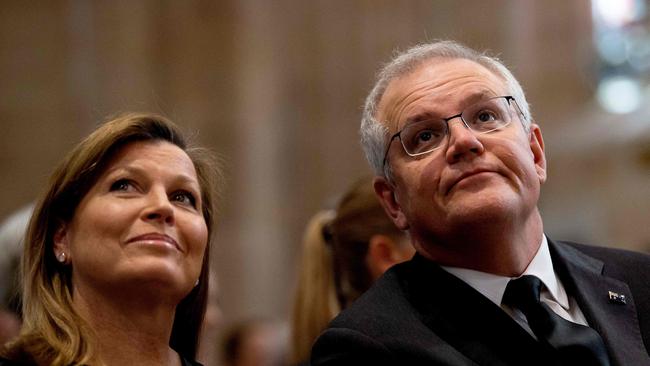 Prime Minister Scott Morrison (R) and his wife Jenny Morrison attend a special prayer service to commemorate the death of Prince Philip, Duke of Edinburgh, at St Andrew's Cathedral in Sydney.