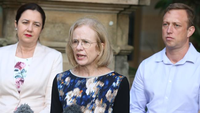 Premier Annastacia Palaszczuk, Chief Health Officer Dr Jeannette Young and Health Minister Steven Miles during a press conference on Sunday. Picture: Richard Gosling/AAP