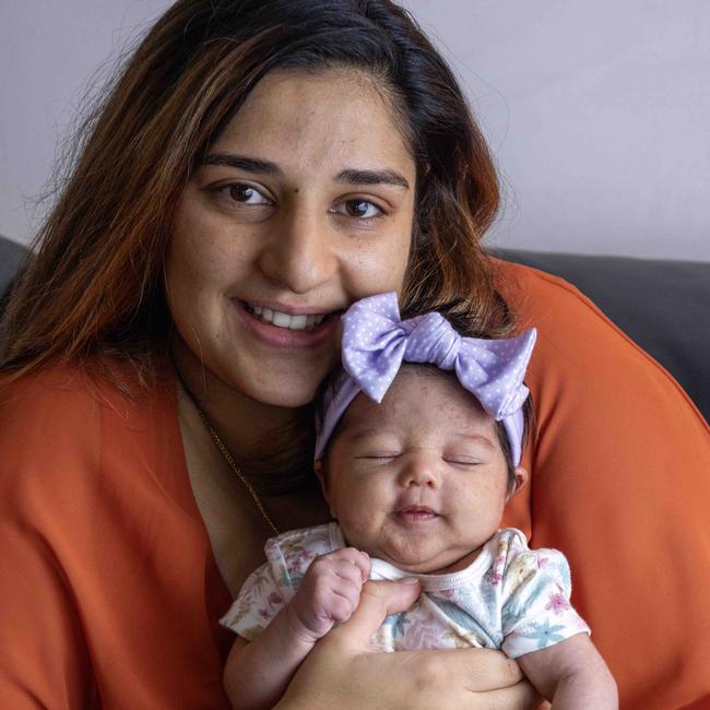 Autumn baby Coco was almost born at a servo when mum Harri Kaur was on the way to hospital. Picture: Kelly Barnes