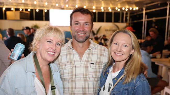 Kath Gourley, Jake White and Belinda Stark the WSL Gold Coast Pro 2025 after party at Burleigh Pavilion for Gold Coast at Large. Picture, Portia Large.