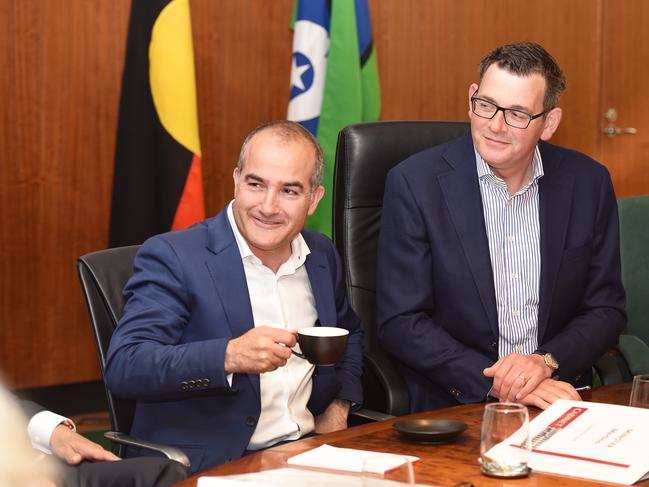 James Merlino (left) and Victorian Premier Daniel Andrews are seen at the first meeting of the new Victorian state cabinet in Melbourne, Monday, December 3, 2018. (AAP Image/Ellen Smith) NO ARCHIVING