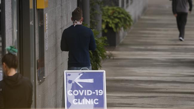 A sign for a COVID-19 clinic is seen at Royal North Shore Hospital in Sydney, Monday, March 16, 2020. Picture: Tim Pascoe