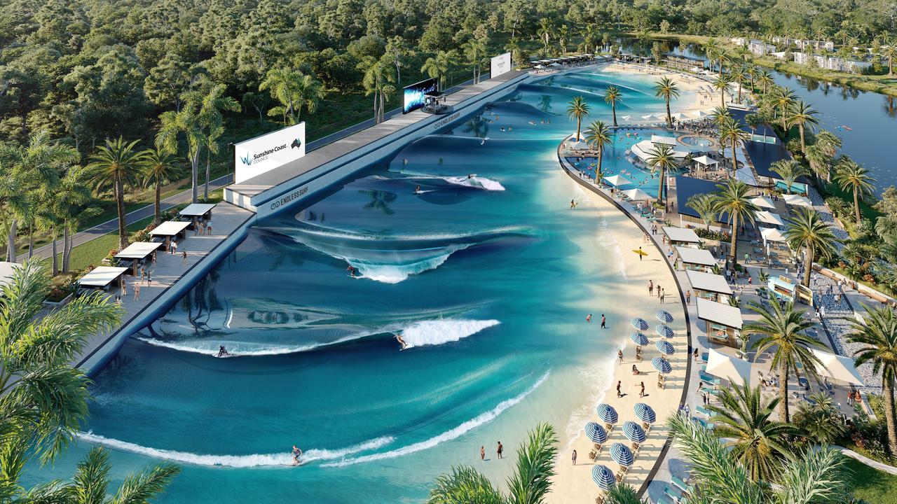 Renders of what Sanad Capital's Endless Surf wave pool could look like once developed at Glenview.