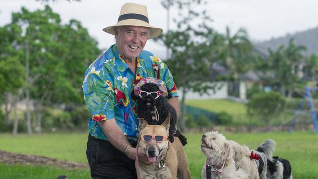 Brian Reichelt and his skateboarding dogs: Zoe, Lulu, Sootie, Omo, Caramello and Oreo are bringing joy to Gold Coasters.Picture: Glenn Campbell