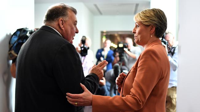 Member for Hughes Craig Kelly and Member for Sydney Tanya Plibersek argue in the Media Gallery at Parliament House today. Picture: Sam Mooy/Getty Images