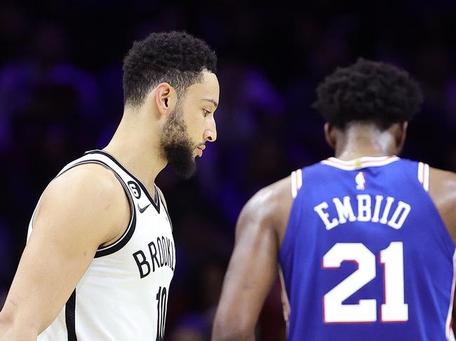 PHILADELPHIA, PENNSYLVANIA - JANUARY 25: Ben Simmons #10 of the Brooklyn Nets looks on during the third quarter against the Philadelphia 76ers at Wells Fargo Center on January 25, 2023 in Philadelphia, Pennsylvania. NOTE TO USER: User expressly acknowledges and agrees that, by downloading and or using this photograph, User is consenting to the terms and conditions of the Getty Images License Agreement. (Photo by Tim Nwachukwu/Getty Images)