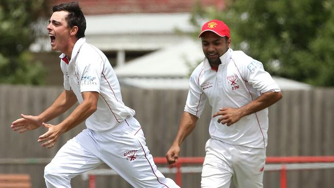 Ben Schwarze celebrates a wicket for Glenroy. Picture: Hamish Blair