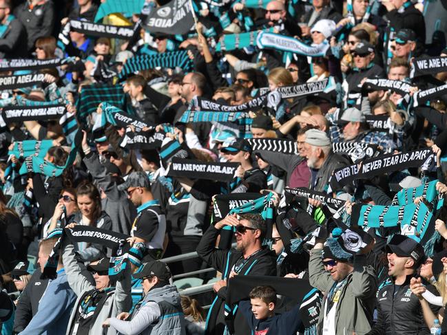 Port fans during the Round 17  AFL match between the Port Adelaide  Power and the North Melbourne Kangaroos at Adelaide Oval in Adelaide, Saturday, July 15, 2017. (AAP Image/David Mariuz) NO ARCHIVING, EDITORIAL USE ONLY