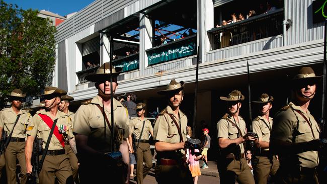 The Anzac Day march through Knuckey Street in Darwin. Picture: Pema Tamang Pakhrin