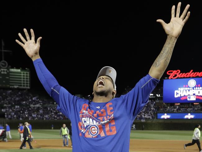 Chicago Cubs relief pitcher Pedro Strop celebrates after Game 6 of the National League baseball championship series against the Los Angeles Dodgers, Saturday, Oct. 22, 2016, in Chicago. The Cubs won 5-0 to win the series and advance to the World Series against the Cleveland Indians. (AP Photo/David J. Phillip)