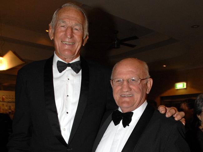 Former rugby league players Norm Provan (L) and Arthur Summons at the Centenary Of League Ball at the Entertainment Quarter in Moore Park, Sydney.