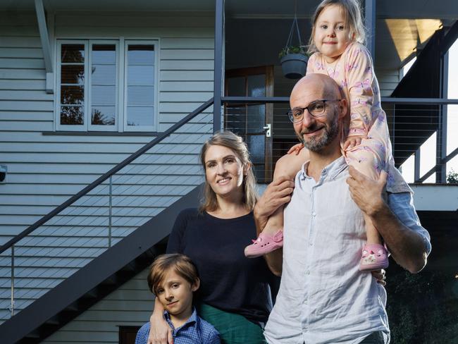 Leah Mosels and Clement Lege with their children Hugo, 7 and Olivia, 6 who are moving into the Whites Hill State College due to the French program. Picture Lachie Millard