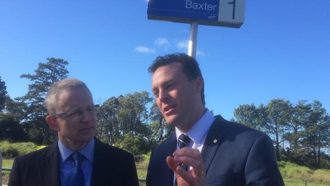 Dunkley Liberal candidate Chris Crewther, right, with Minister for Major Projects Paul Fletcher at Baxter Train Station.