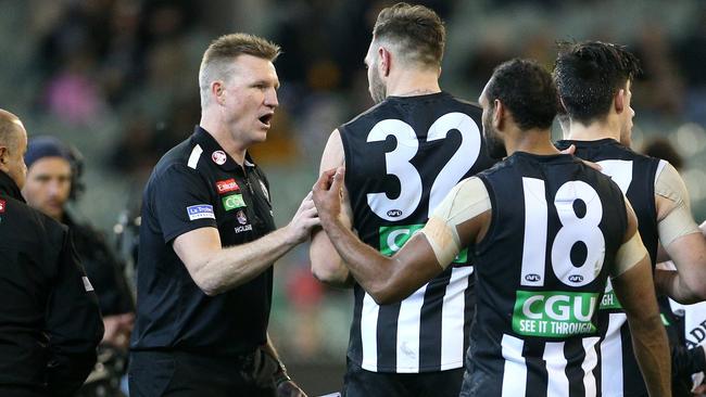 Nathan Buckley chats to Travis Cloke. Picture: Mark Dadswell