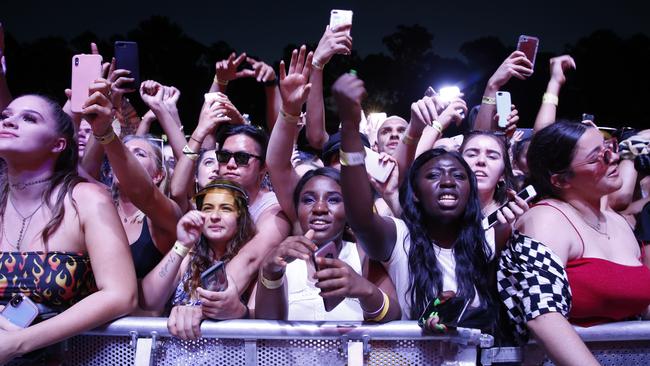 Happy drug-free revellers party at FOMO Festival in Parramatta. Picture: David Swift