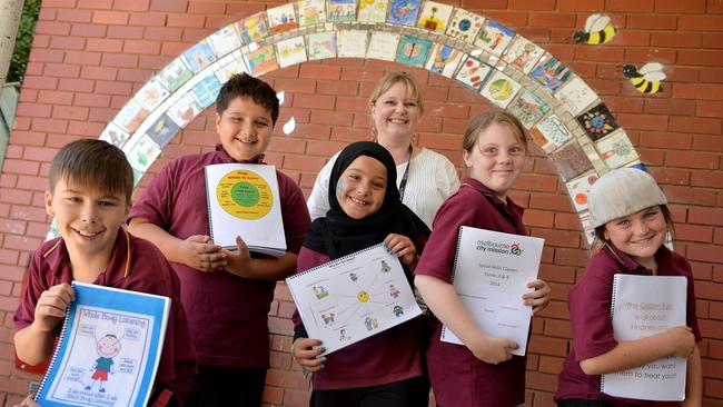 Melbourne City Mission received funding to run the Communities for Children initiative at three Hume schools, including Coolaroo South Primary School with kids like Dean 10, Ethem 10, Israa 10, Grace 10 and Shyanne, 10. Picture: Adam Elwood