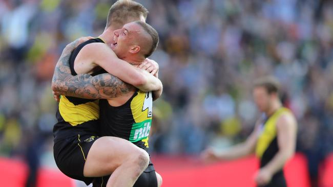 Jack Riewoldt and Dustin Martin celebrate on the final siren in the 2019 Grand Final. Picture: Alex Coppel