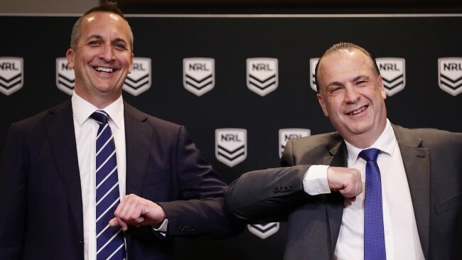 Australian Rugby League Commission Chairman Peter V'landys and National Rugby League Chief Executive Andrew Abdo announced The Dolphins would become the 17th NRL team. Picture: Mark Metcalfe/Getty Images