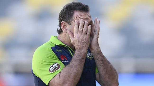 TOWNSVILLE, AUSTRALIA – AUGUST 01: Raiders coach Ricky Stuart looks on before the start of the round 12 NRL match between the North Queensland Cowboys and the Canberra Raiders at QCB Stadium on August 01, 2020 in Townsville, Australia. (Photo by Ian Hitchcock/Getty Images)