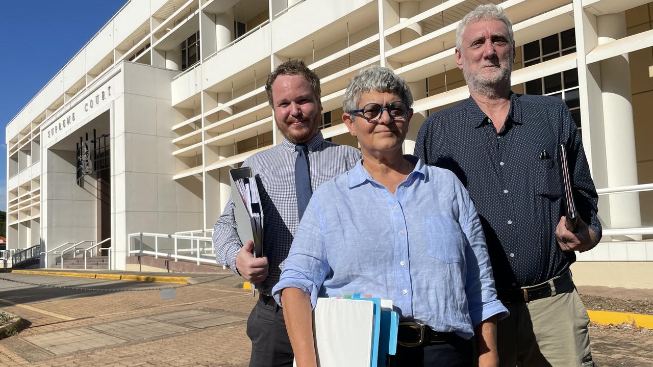 A pregnant prisoner's legal team lawyer Storm Lawlor, left, barrister Koulla Roussos and instructing solicitor Robert Welfare outside Darwin Supreme Court.