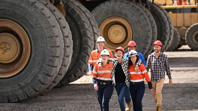 Former and current New Acland workers, at the New Acland coal mine in August. Picture: Lyndon Mechielsen / The Australian