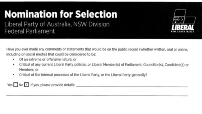 Ms Deves told the Liberal Party in a nomination form that she has never posted anything online that was offensive in nature.