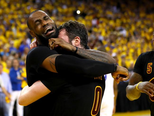 LeBron James celebrates with Kevin Love.