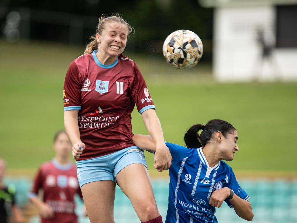 Ashlie Crofts scores with a header. Picture: Julian Andrews