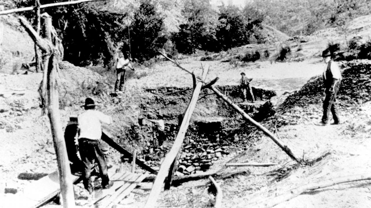 Miners at Summer Hill Creek, near Ophir, NSW, in around 1900 and close to where Edward Hargraves first panned gold.