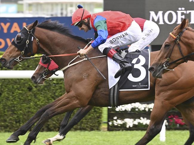 Sharp 'N' Smart, ridden by Hugh Bowman, winning the Spring Champion Stakes at Randwick, October 22, 2022, Picture: Bradleyphotos.com.au