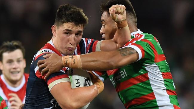 Victor Radley on the charge for the Roosters. Picture: AAP