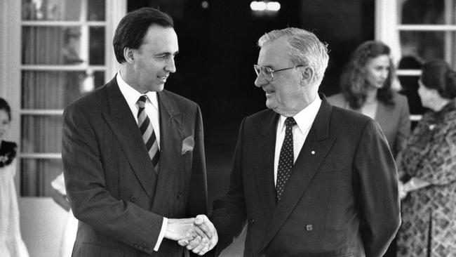 Prime Minister Paul Keating with Governor-General Bill Hayden. (Photo by Anthony Weate / Newspix)