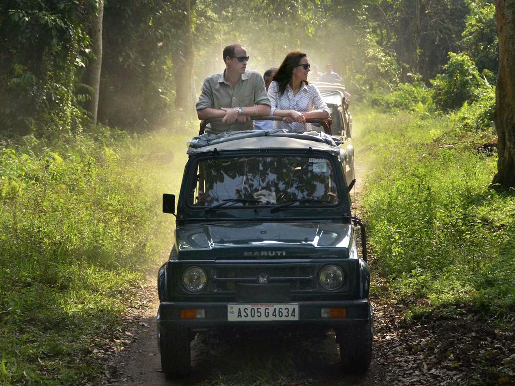 Prince William, Duke of Cambridge and Catherine, Duchess of Cambridge take an open vehicle safari inside the Kaziranga National Park, east of Gauhati, northeastern Assam state, India, on April 13, 2016. Picture: AP