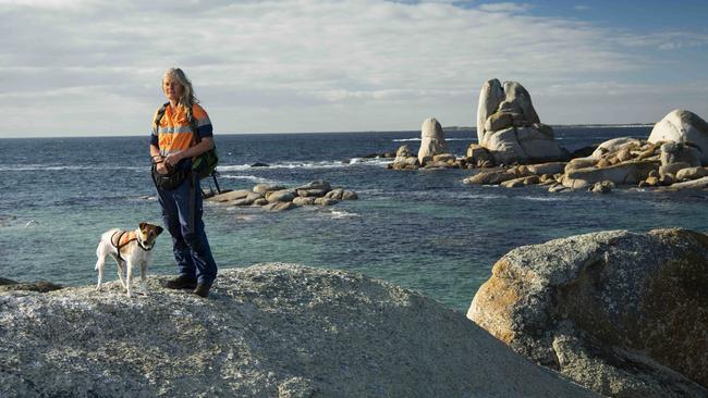 Sue Robinson from Biosecurity Tasmania and her rat-catching fox terrier cross Nui keep and eye, and a nose, out for rodents on George Rocks off the Tasmanian northeast coast. Picture: Matthew Newton