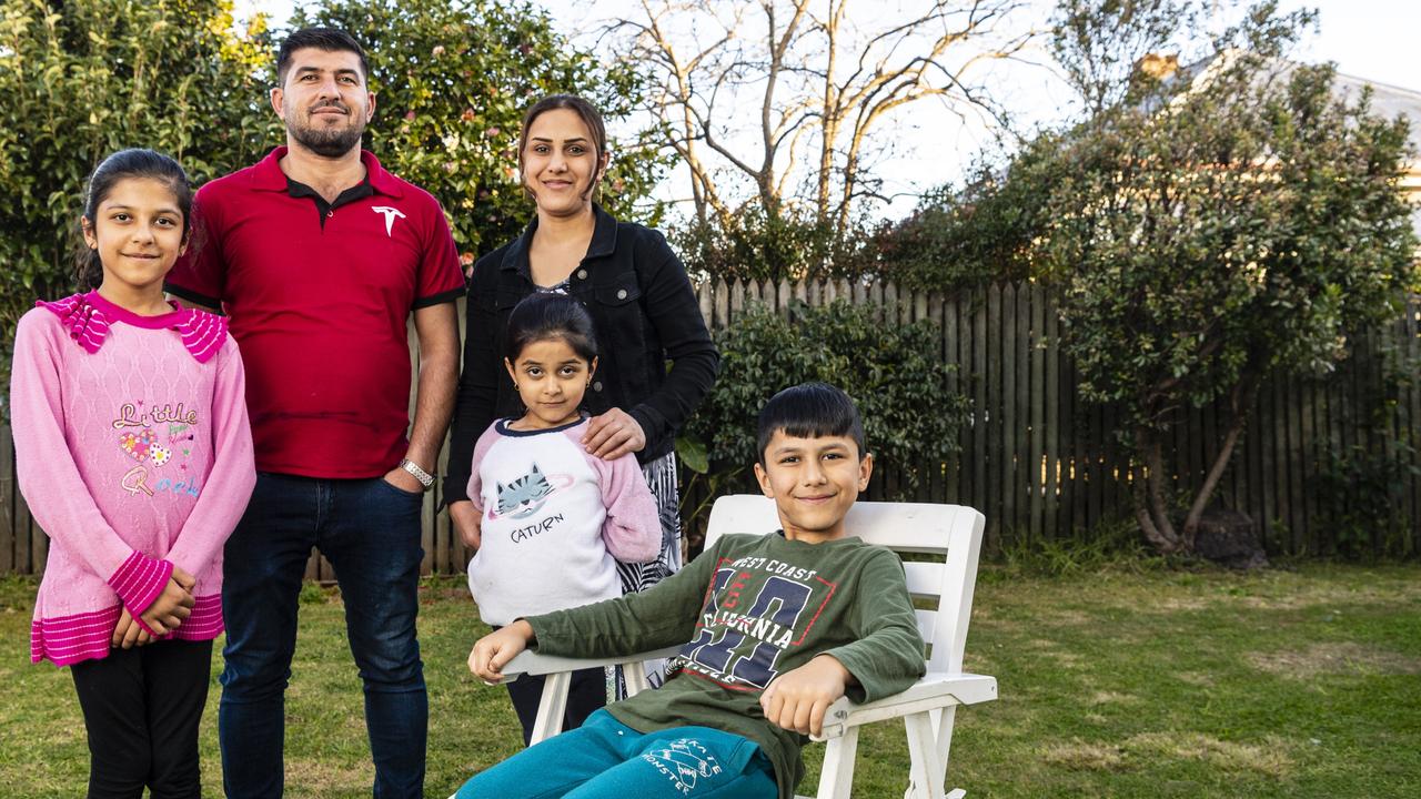 Hazm Khudedo his wife Shazia Al Qaso and their children (from left) Maram Khero, Rahaf Khero and Lavand Khero have made a new life in Toowoomba, Tuesday, June 21, 2022. Picture: Kevin Farmer