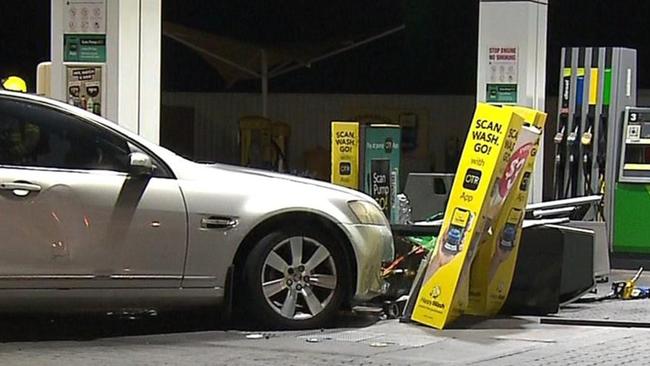 Quinton Cabral deliberately drove into the petrol bowser and attempted to set it alight with burning toilet paper at the pump. Picture: 7NEWS