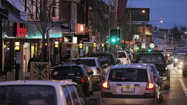 North Hobart's restaurant strip is apparently choked with food delivery drivers occupying parking spaces until they get an order to collect. Picture: MATHEW FARRELL