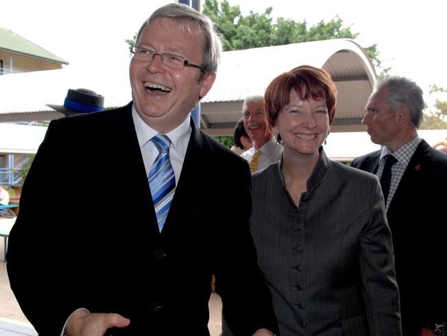 Happier days: Kevin Rudd and his then deputy Julia Gillard shortly after winning the 2007 election. Picture: Patrick Hamilton