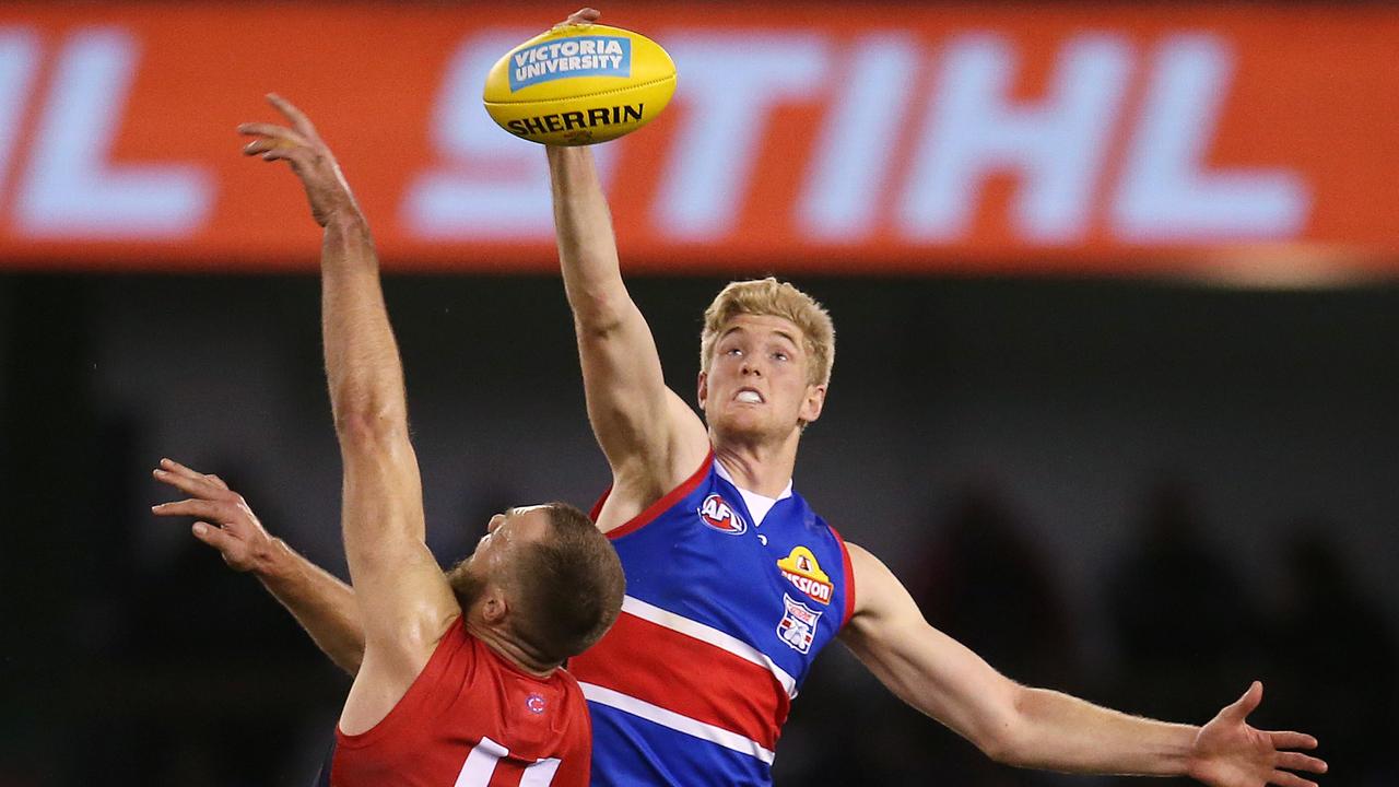 Tim English wins a tap over Max Gawn on Sunday. Pic: Michael Klein