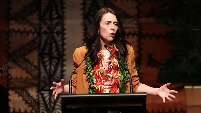 Jacinda Ardern delivers the apology at Auckland Town Hall on Sunday. Picture: Getty Images