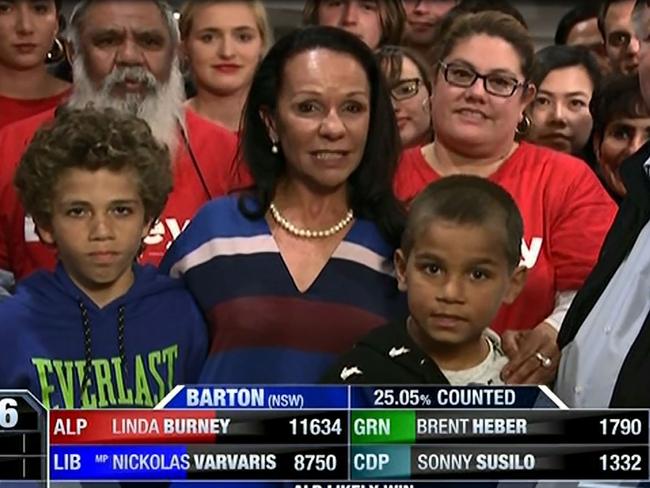 Linda Burney and team celebrate history in her win in Barton. Picture: Channel Seven