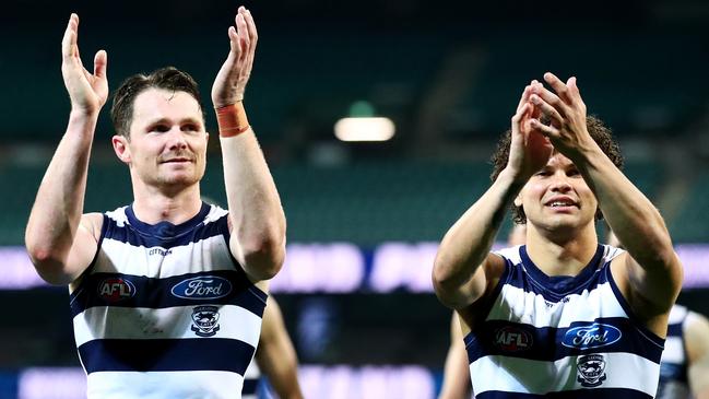 Patrick Dangerfield and Parfitt celebrate a Geelong win. Picture: Cameron Spencer/Getty Images