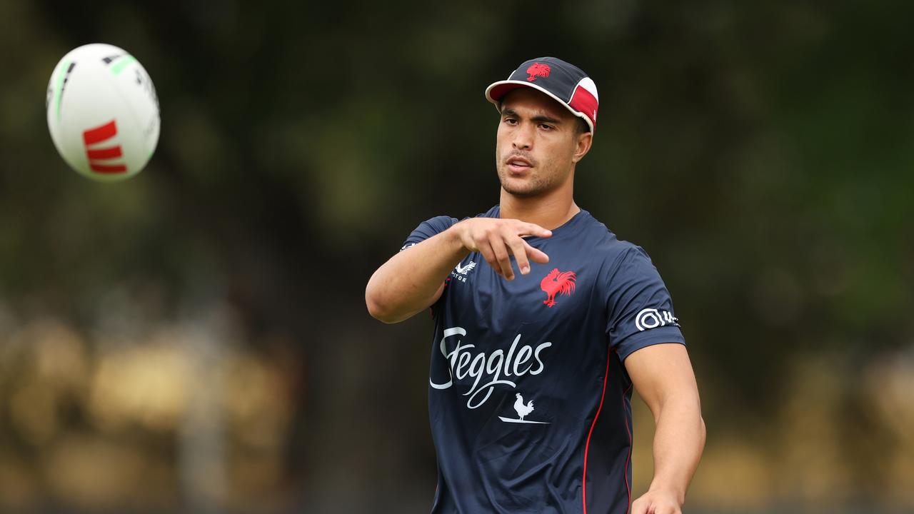 SYDNEY, AUSTRALIA - FEBRUARY 28: Joseph Suaalii passes during a Sydney Roosters NRL training session at Kippax Lake on February 28, 2023 in Sydney, Australia. (Photo by Matt King/Getty Images)