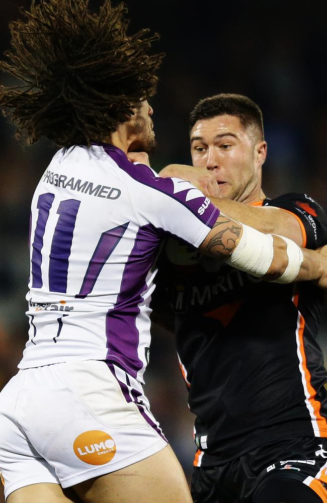 Things got heated at times in the Tigers-Storm clash with Proctor and Sironen getting involved. Pic Brett Costello