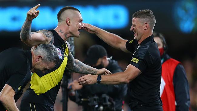 Dustin Martin and coach Damien Hardwick after winning another flag. Picture: Jono Searle/AFL Photos